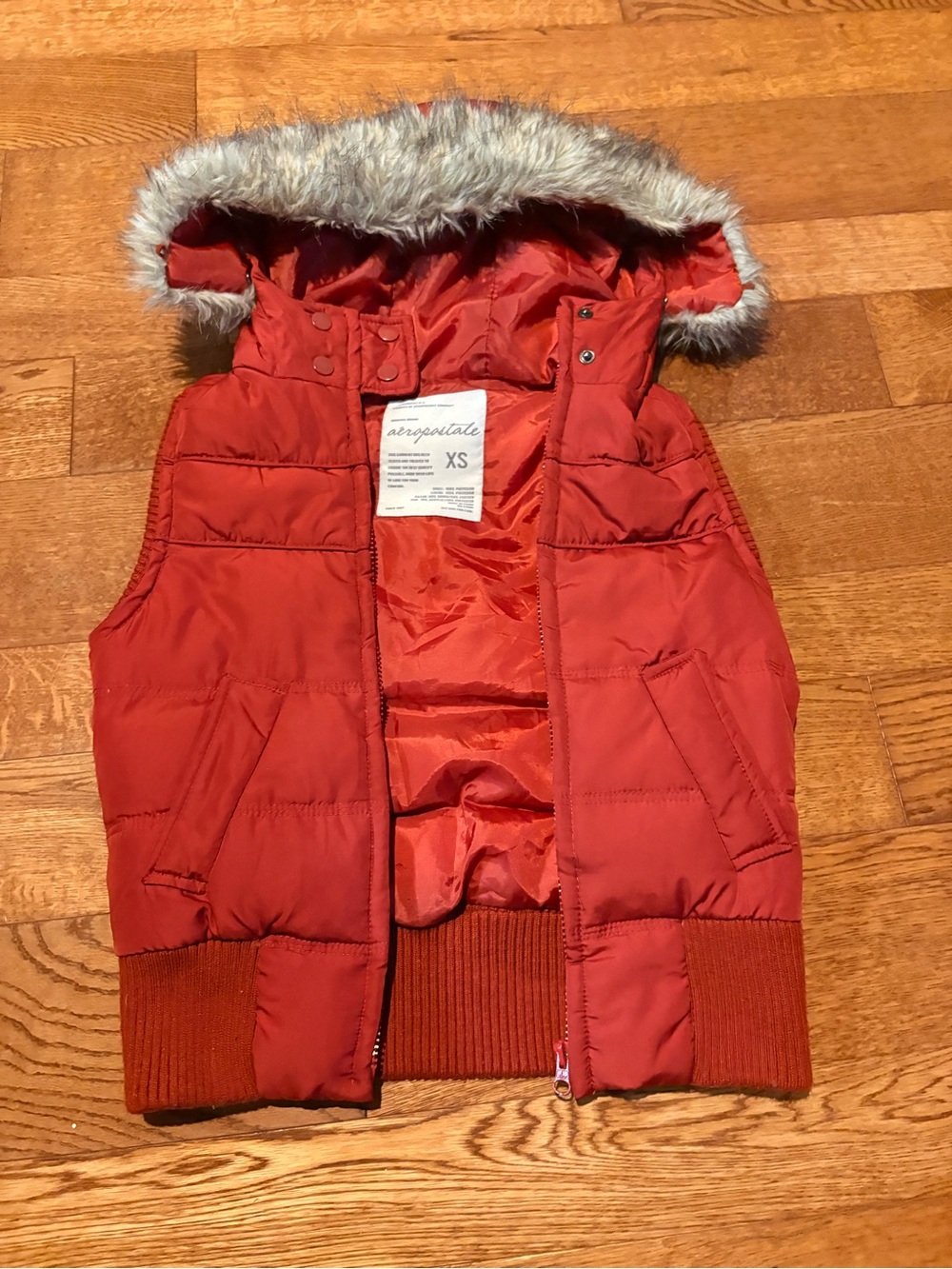 Aeropostale Deep Burnt Orange Puffer Vest with Faux-Fur Hood Trim